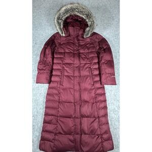 Eddie Bauer Womens Medium Red Down Parka Hooded Faux Fur Quilted Long Coat